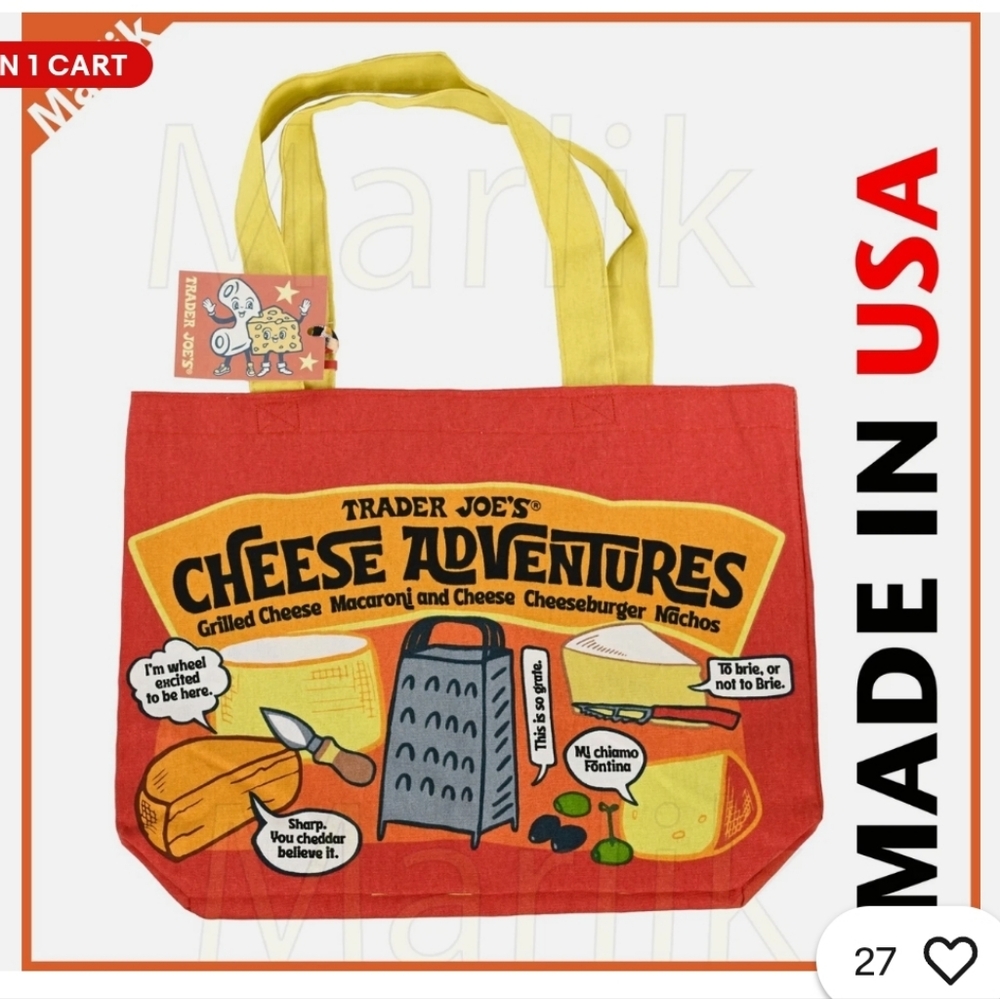 Trader Joe's Collector Cheese Adventures Reusable Heavy Cotton Shopping Bag  NWT
